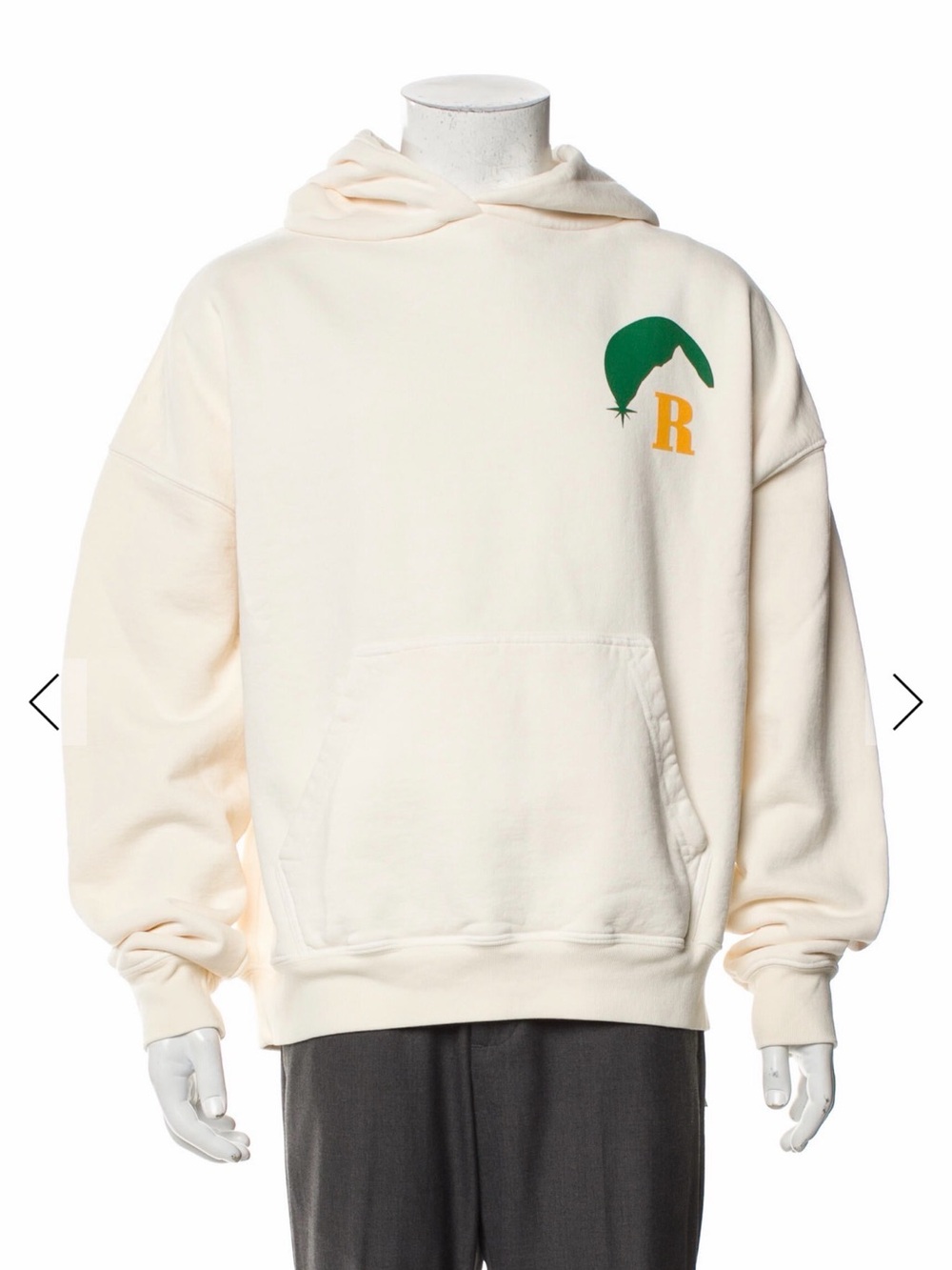 Rhude Cream Hoodie with Green & Gold R Graphic